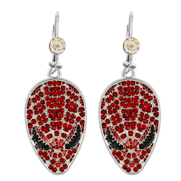 Marvel Spider Man Earrings. Red ruby rhinestones pave, silvertone. Lever back. - Picture 1 of 6